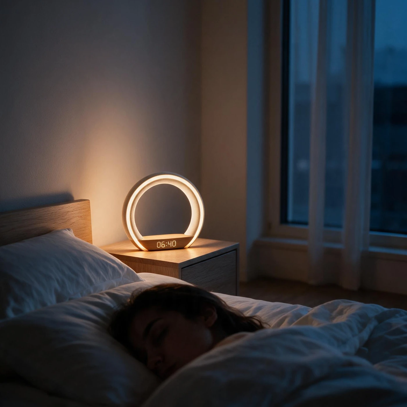 A dim bedroom at 06:40, Lumora beginning its sunrise while its owner still sleeps