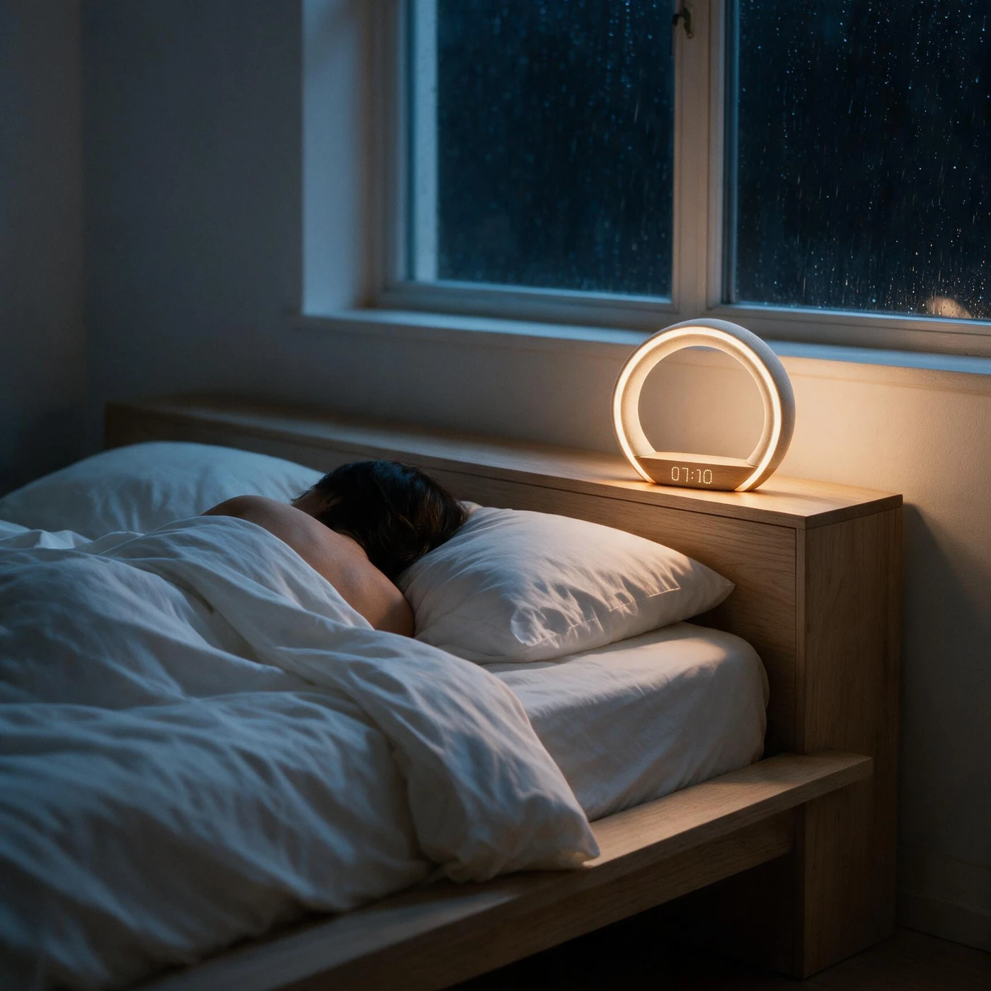 Someone asleep beside a rain-flecked window at 01:10, Lumora dimmed to a faint glow