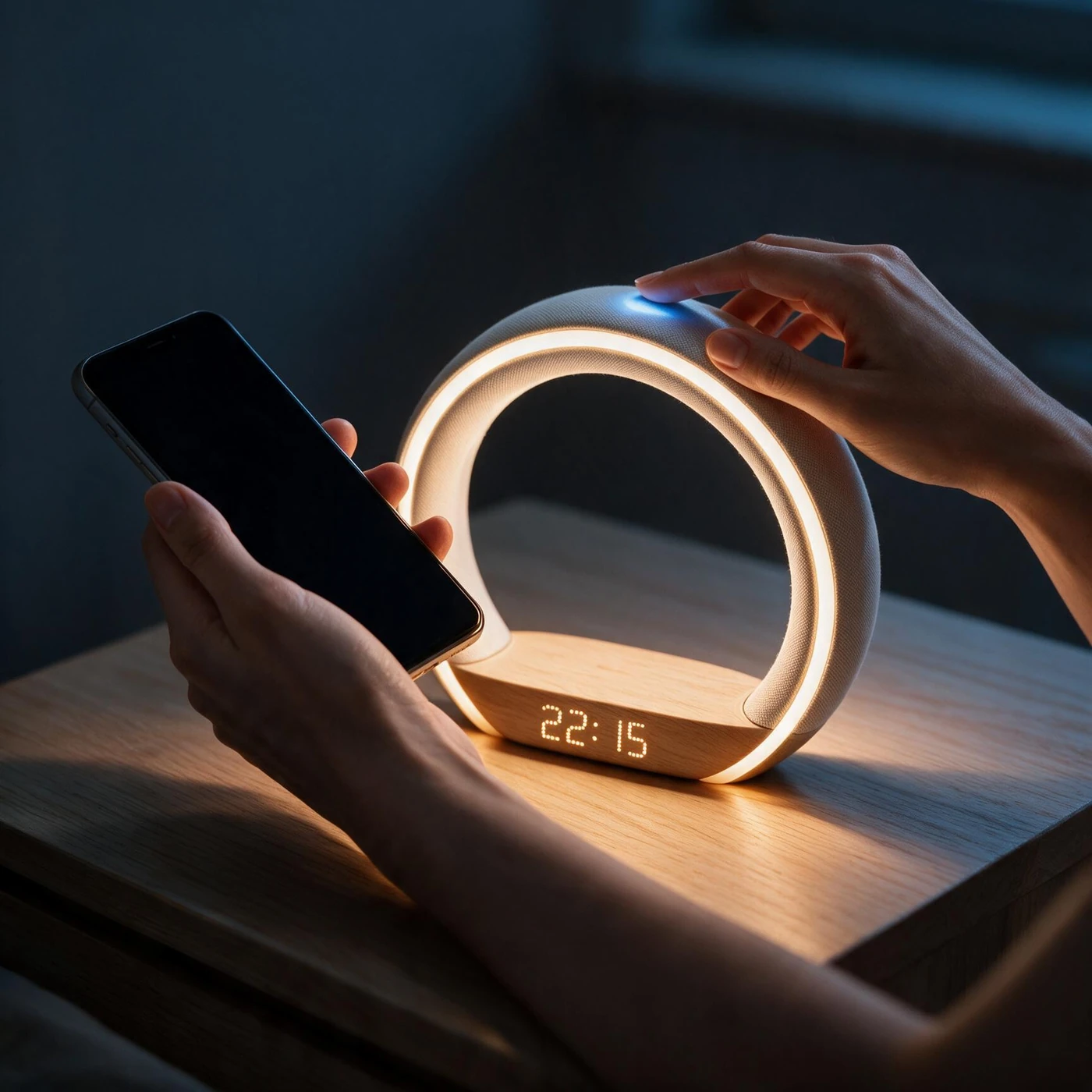 A hand starting a soundscape from the phone at 22:15, Lumora glowing warm on the nightstand