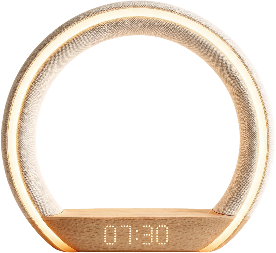 Lumora — a fabric-wrapped ring lamp with a soft sunrise glow and a gentle clock