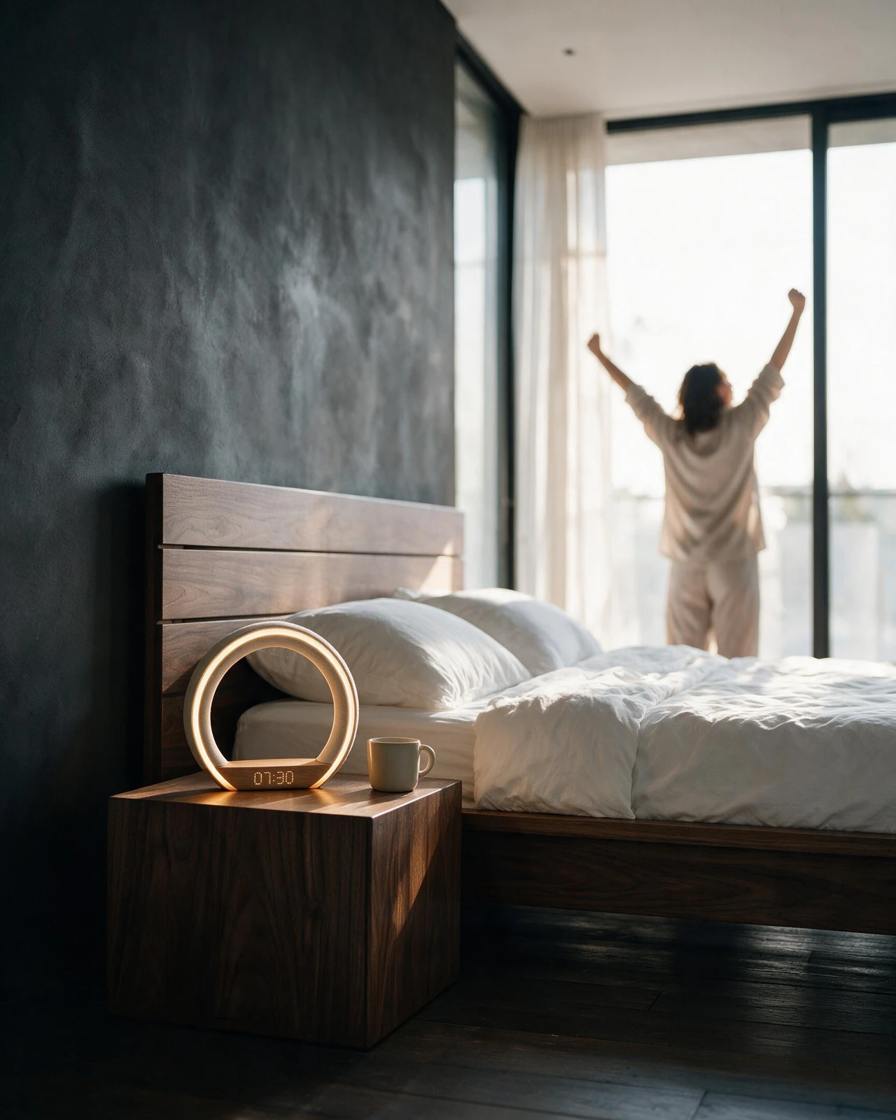 First light on a walnut bedside: Lumora reading 07:30 next to a fresh coffee, its owner stretching awake at the window