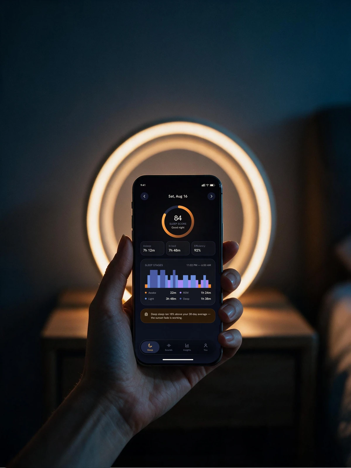 The Lumora app held up at night, last night distilled into one sleep score, the lit ring glowing behind