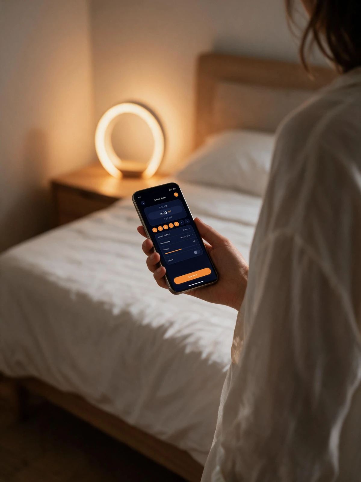 Setting the sunrise alarm in the app from bed, Lumora waiting on the nightstand behind